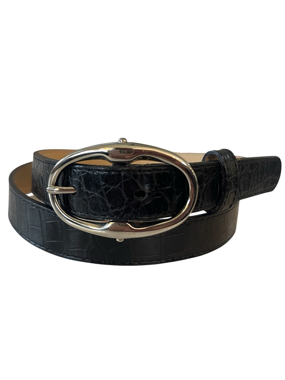Talbots Black Croc Leather Italy Thin Belt Silver Oval Buckle Old Money XS